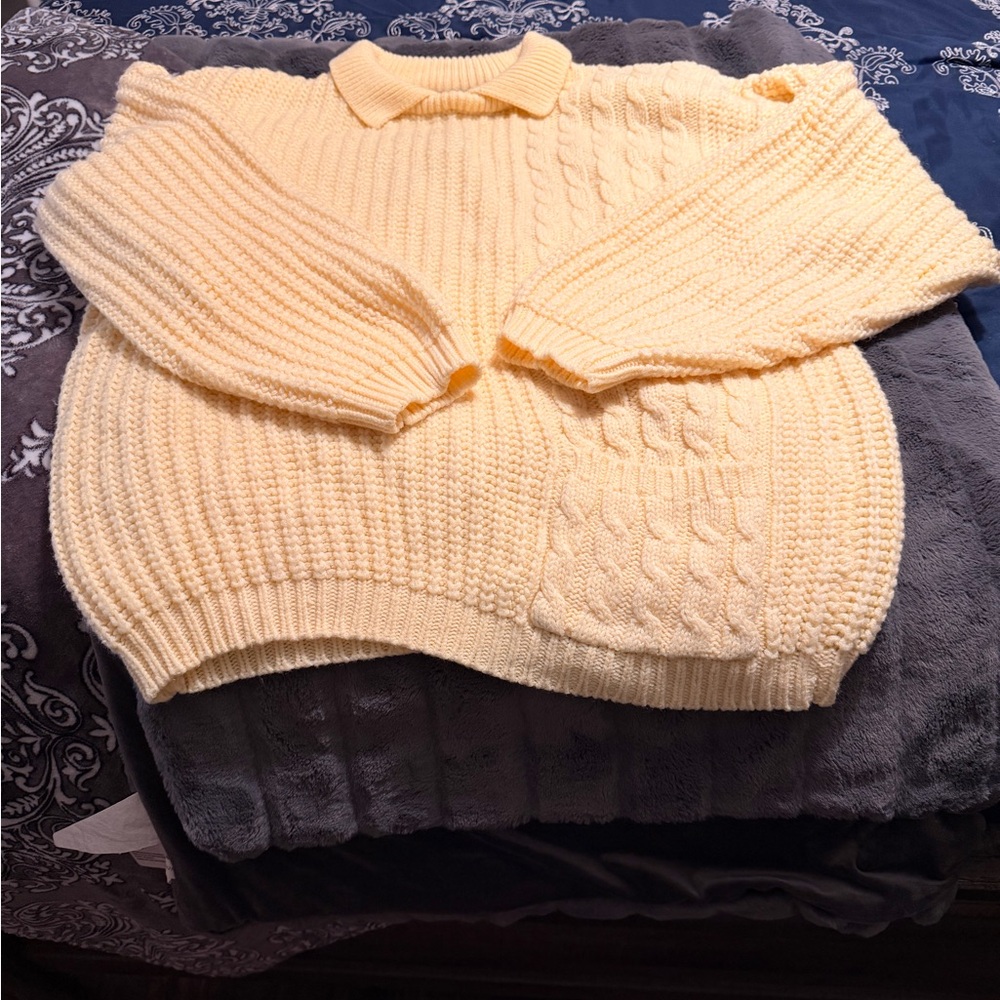 Elegant Yellow Cable Knit Collared Sweater